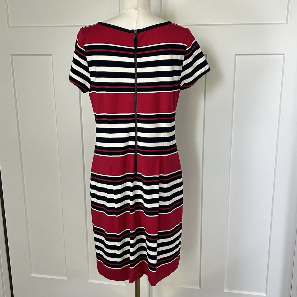 BANANA REPUBLIC Size 14 Striped Knit T-Shirt Sheath Dress - Red Black White - Picture 4 of 11